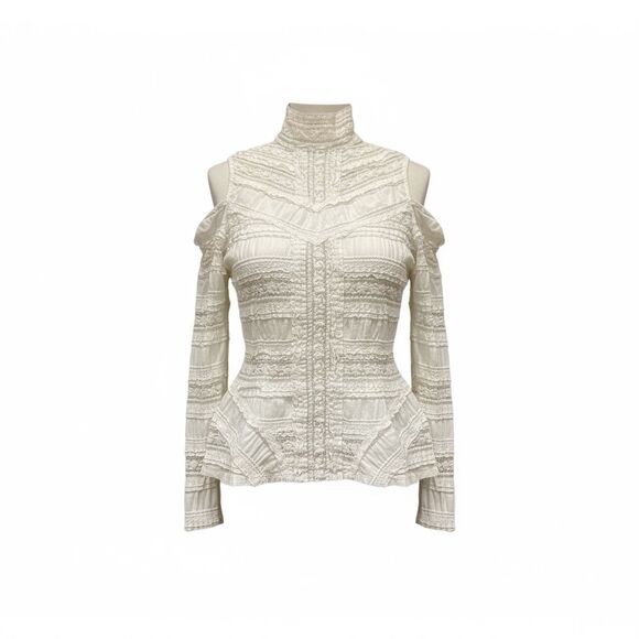 Cinq A Sept Lace Blouse Top Womens Medium Ivory Cold Shoulder Mockneck Boho - Picture 1 of 8